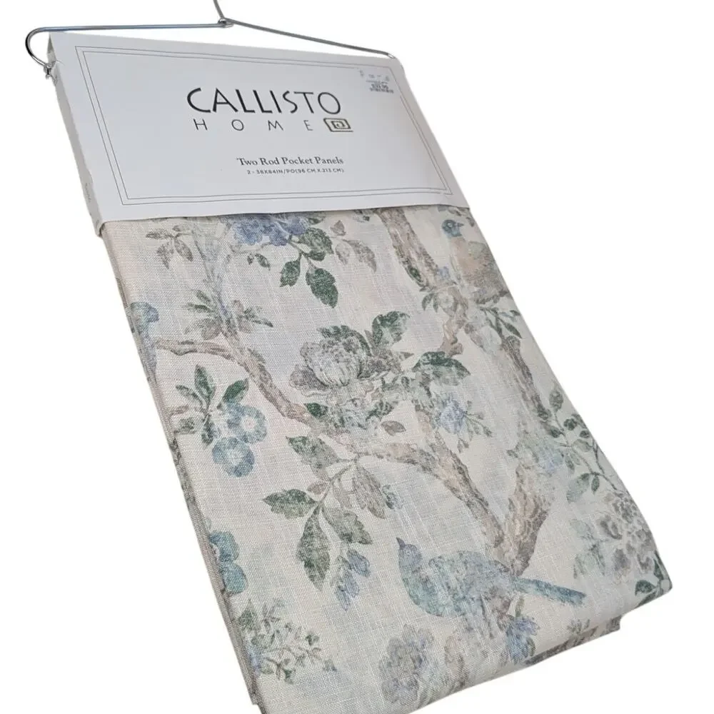 Linen Floral Bird Curtains Set of Two 38x84 Avian Rod Pocket Linen Blend